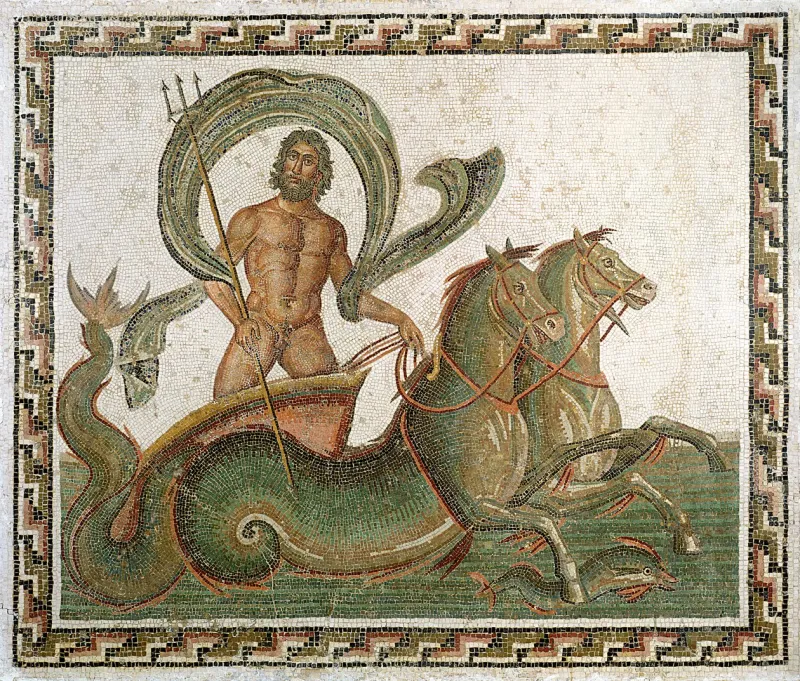 Mosaïque représentant Neptune sur un char tiré par deux hippocampes