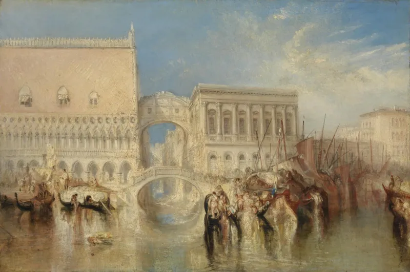 Peinture de Turner représentant le Pont des Soupirs, qui relie à gauche le palais des Doges et à droite la prison de Venise. De nombreuses embarcations et gondoles sont visibles sur la lagune.