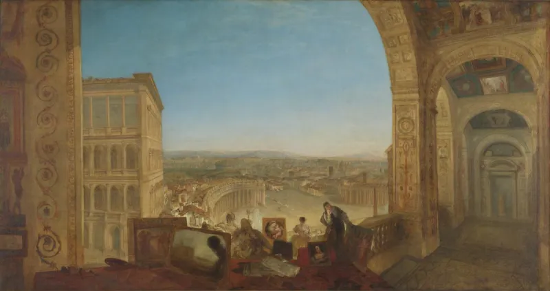 Peinture de Turner représentant une vue de Rome depuis une galerie du palais du Vatican. La perspective de la galerie s'ouvre à droite du tableau, alors qu'au centre on apperçoit en contrebas la place Saint Pierre puis la ville de Rome qui s'étend en direction de l'est jusqu'à l'horizon. Au premier plan, dans la galerie, on voit un personnage qui s'affaire au milieu de dessins et de tableaux. Une femme l'accompagne.