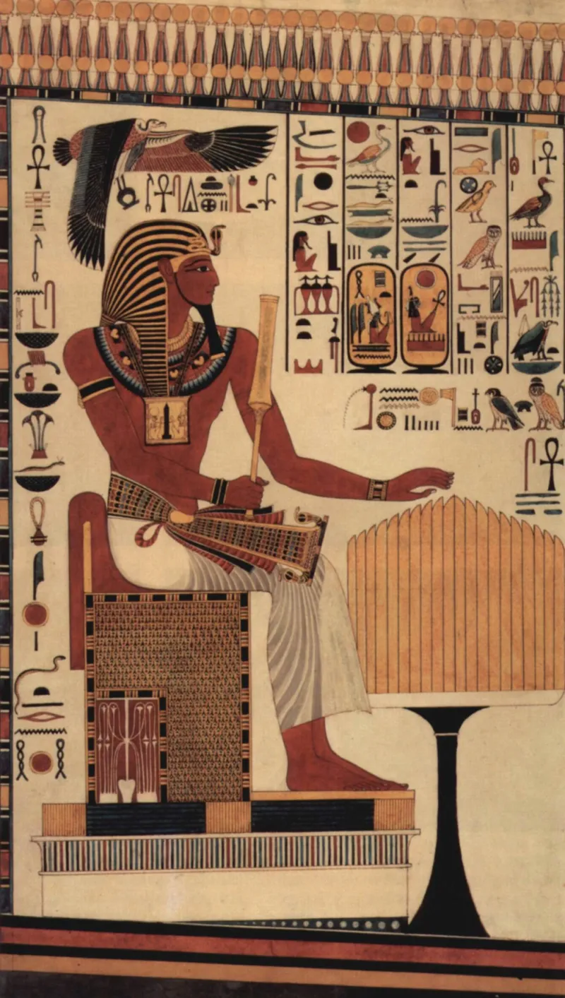 Aquarelle d'Henry William Beechey reproduisant une fresque représentant le Pharaon Séthi Ier