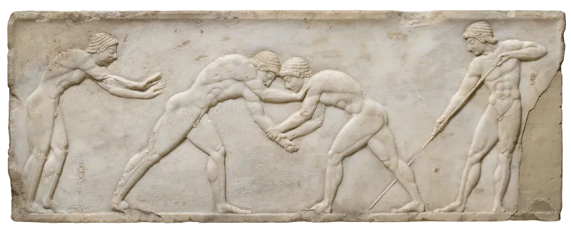 Bas-relief antique représentant une scène de palestre
