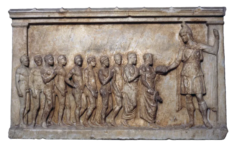 Relief antique sur lequel un groupe de dévots rend hommage à la déesse Bendis