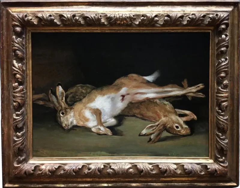 Nature morte de Goya représentant deux lièvres morts, étendus l'un sur l'autre