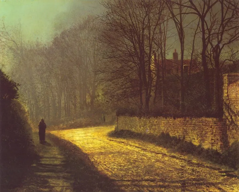 Peinture de John Atkinson Grimshaw représentant une petite route de campagne dont un côté est bordé d'un muret d'où dépassent de grands arbres dénudés. On apperçoit une maison sur le terrain, derrière les arbres. Sur le bord de la route, de l'autre côté, deux personnes s'enlacent.