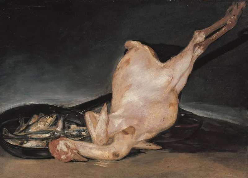 Peinture de Goya représentant une dinde plumée et une poêlée de petits poissons