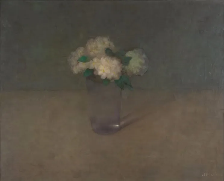 Nature morte attribuée à Jan Mankes représentant un petit bouquet de fleurs de pommier blaches disposé dans un verre