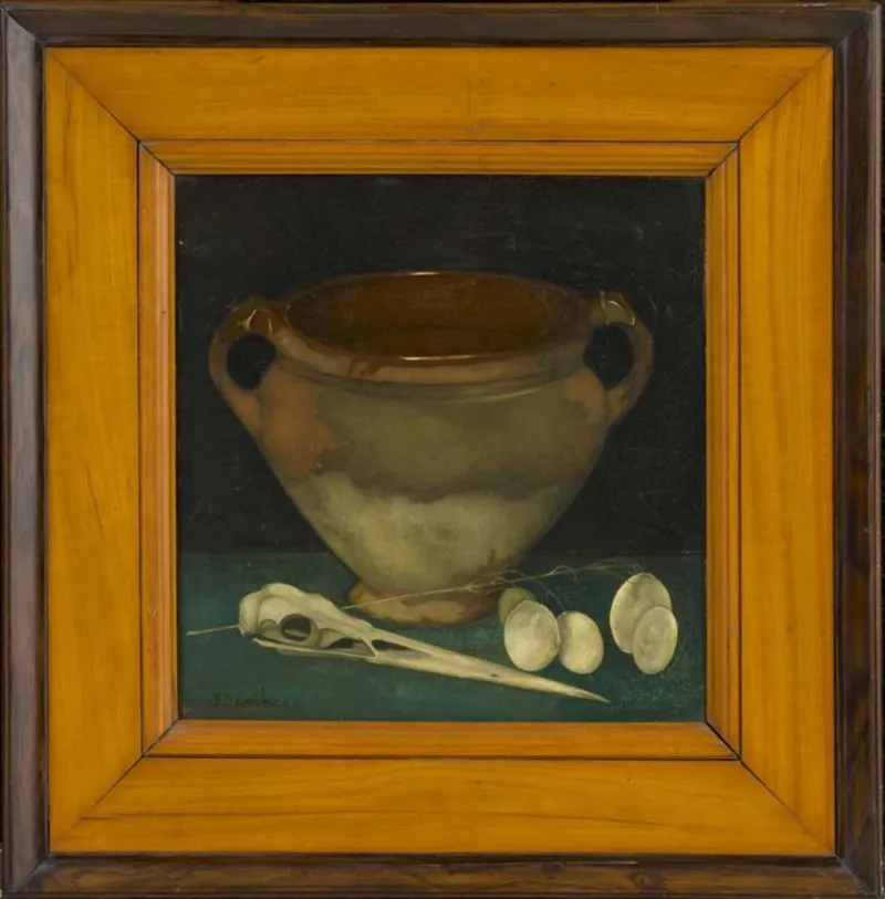 Nature porte de Jan Mankes représentant un pot en grès, un crâne de héron et des oeufs