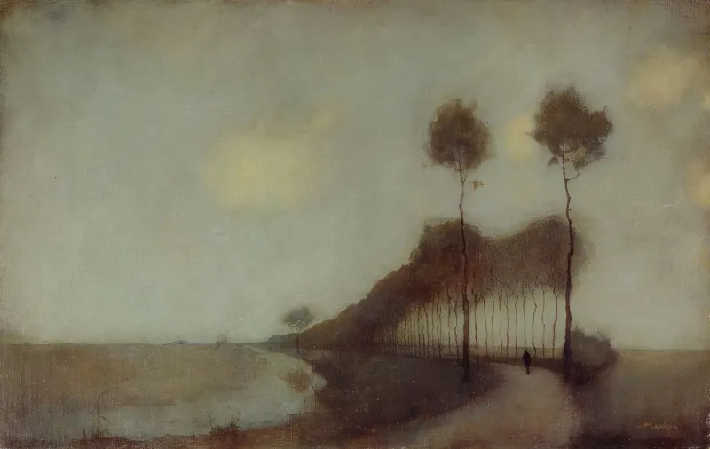 Peinture de Jan Mankes représentant un paysage, avec une allée d'arbres bordant un petit canal