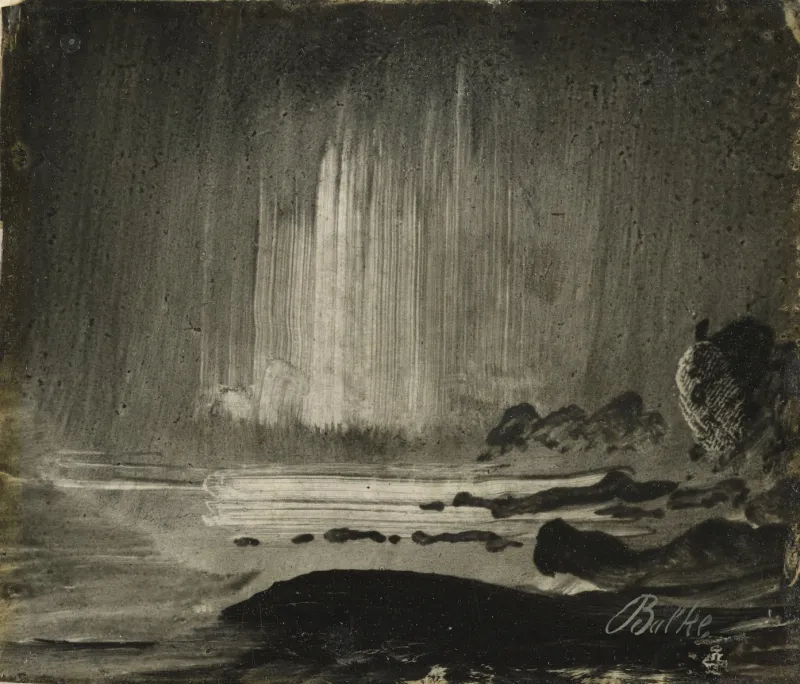 Peinture de Peder Balke représentant des aurores boréales dans paysage côtier