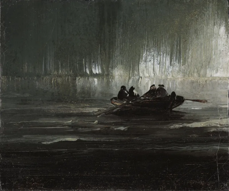 Peinture de Peder Balke représentant un paysage marin, avec un canot embarquant quatre hommes au premier plan, et au loin une aurore boréale