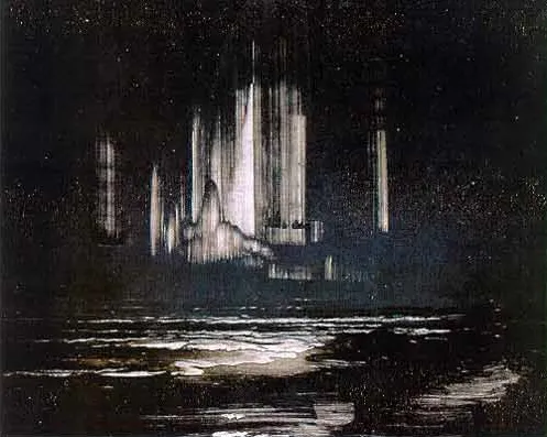 Peinture monochrome de Peder Balke représentant une aurore boréale