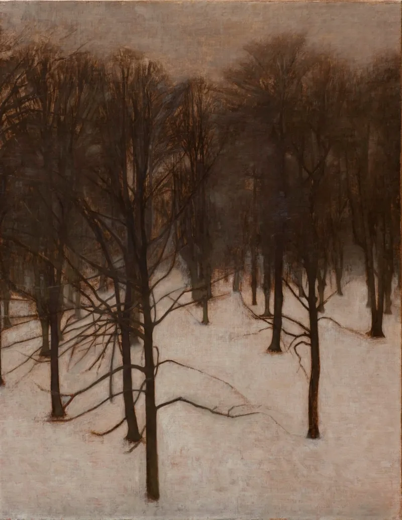 Peinture de Vilhelm Hammershøi représentant un parc aux arbres dénudés sous la neige