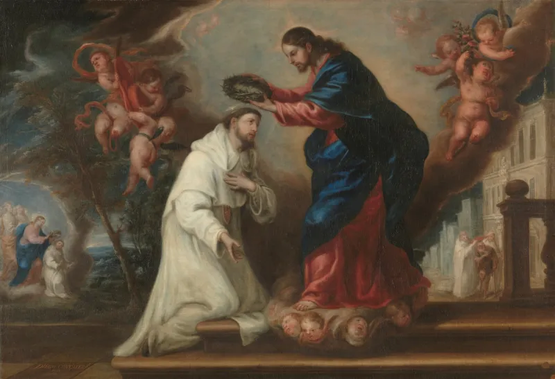 Peinture de Diego González de la Vega représentant Saint Raymond Nonnat (à gauche, agenouillé, en habit religieux blanc) couronné par le Christ (à droite, debout, vêtu d'un drapé rouge et bleu). Les nuées autour du Christ et à ses pieds, ainsi que les nombreux angelots présents, montrent qu'il s'agit d'une apparition divine.