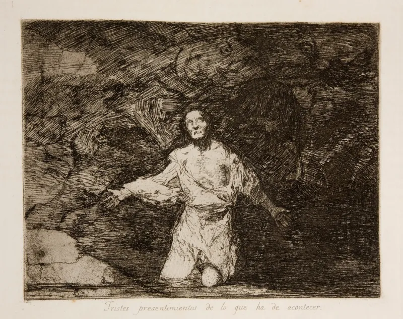 Gravure de Goya représentant un homme en haillons agenouillés, les bras écartés et le regard tourné vers le ciel. On distingue derrière lui une paroie rocheuse, peut-être l'entrée d'une grotte.
