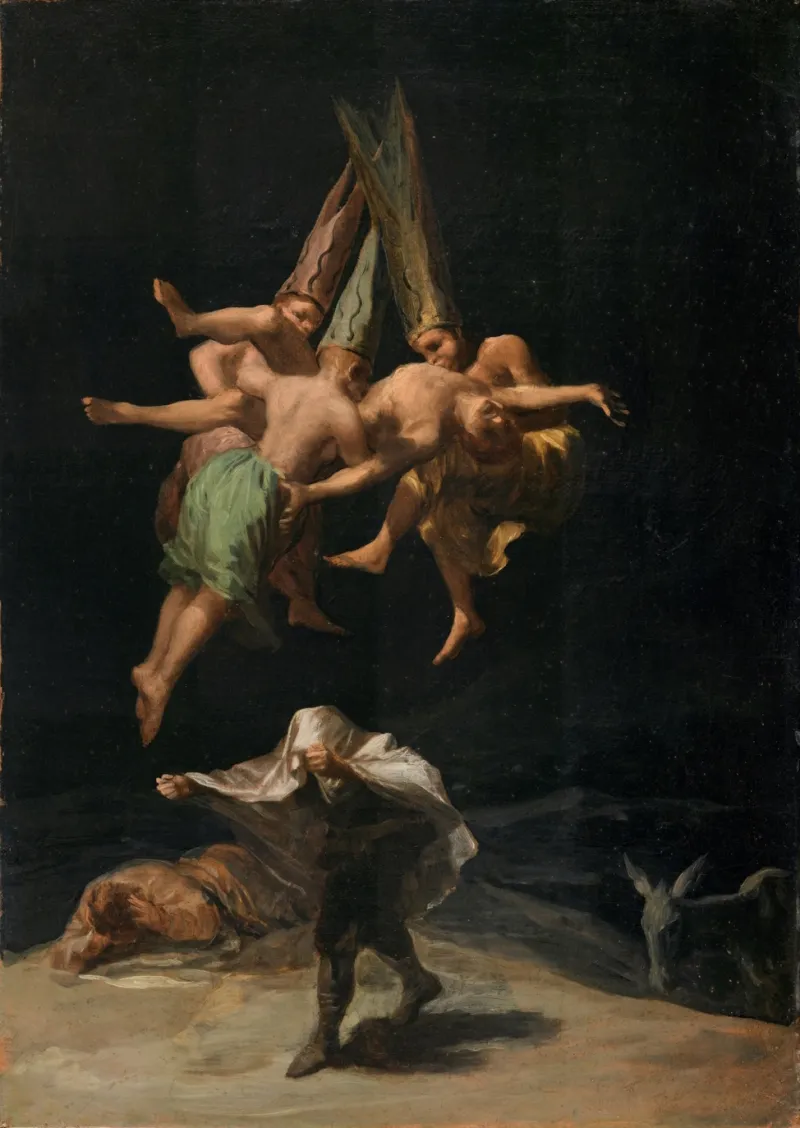 Peinture de Goya représentant une scène fantastique dans laquelle on voit, en partie supérieure, trois personnages en lévitation. Ils sont torse nu et portent de hautes coiffes pointues. Ils tiennent dans leur bras un autre personnage nu, sur lequel ils soufflent. Dans la partie inférieure sont présents deux hommes. Le premier, allongé au sol, se bouche les oreilles, tandis que l'autre avance vers le premier plan la tête couverte pour se protéger de la lumière. On peut apercevoir un âne à droite.