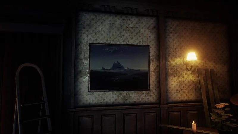 Image du jeu Conarium dans laquelle on voit le tableau "Récif rocheux en bord de mer" peint par Caspar David Friedrich