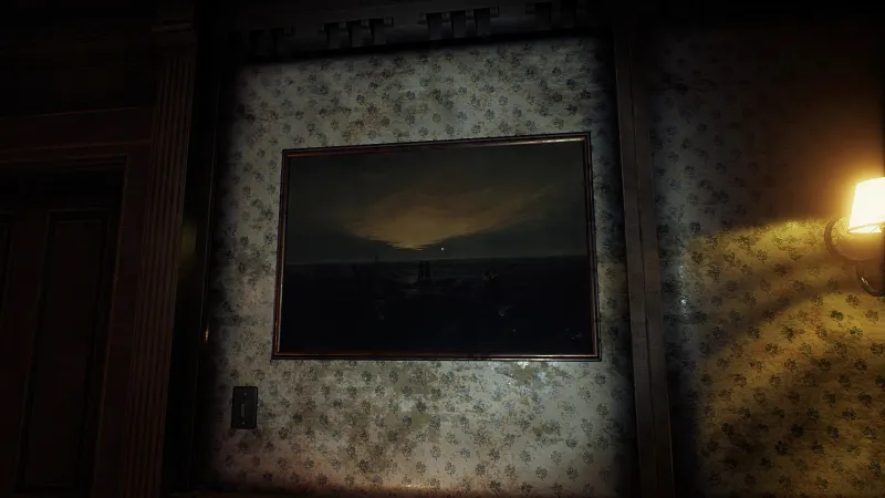 Image du jeu Conarium dans laquelle apparaît le tableau de Caspar David Friedrich intitulé "Lever de lune sur la mer"