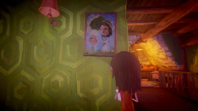 Image du jeu Last Day of June dans laquelle on voit un personnage féminin face à un mur au papier peint vert, auquel est accorché un tableau qui reprend la composition de "Madame Monet et son fils" de Claude Moner