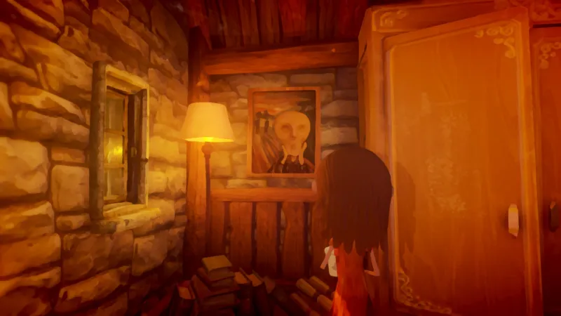 Image du jeu Last Day of June dans laquelle on voit un personnage féminin face à un mur au papier vert, auquel est accorché un tableau reprenant la composition du Cri de d'Edvard Munch