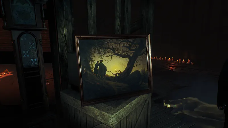 Image du jeu Conarium dans laquelle on voit le tableau de Caspar David Friedrich intitulé "Deux hommes contemplant la Lune"