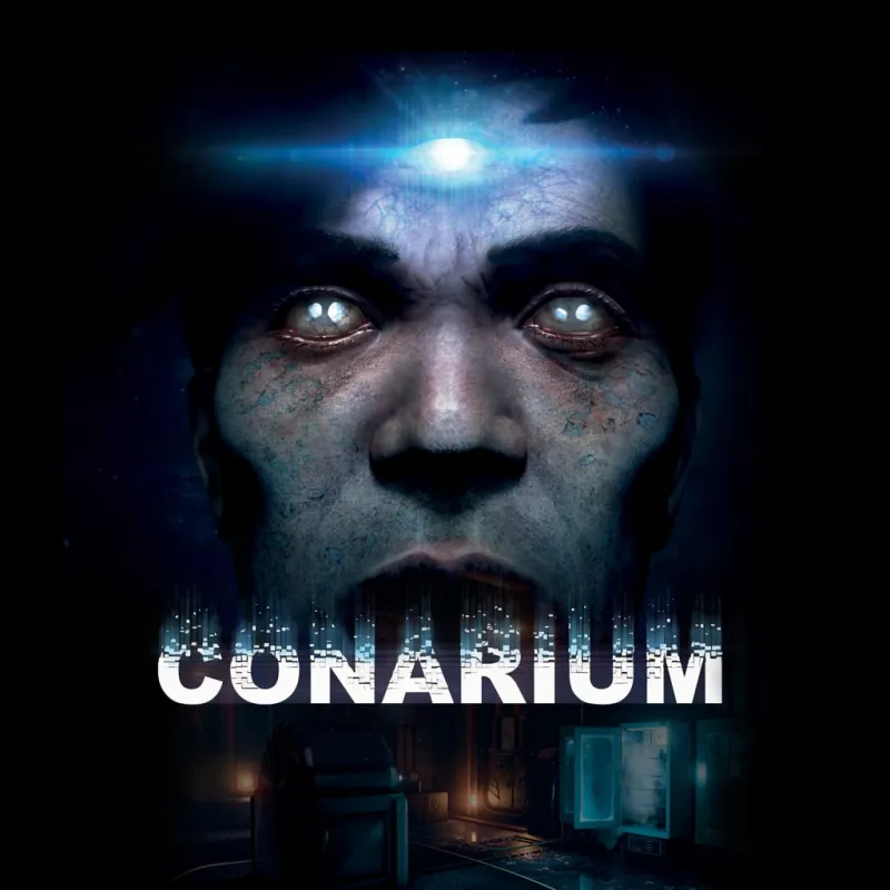 Cover du jeu Conarium. L'image présente le visage d'un homme en gros plan. Un troisième oeil sur son front brille d'une lumière bleutée. Le mot "CONARIUM" s'affiche en dessous.