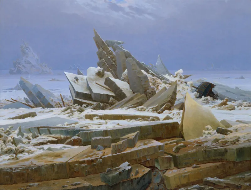 Tableau de Caspar David Friedrich représentant une mer gelée. Au centre de la composition, un amas de blocs de glace acérés fait saillie vers le ciel. On peut apercevoir la poupe d'un navire à droite de cet amoncellement de glace, prisonnier des eaux glacées.pris dans cette mer de glace est visible