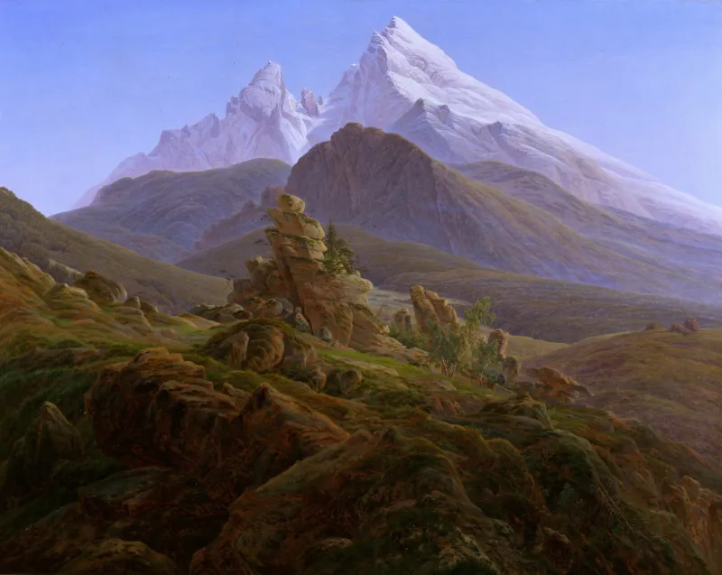 Peinture de Caspar David Friedrich représentant un flanc de montagne. Au centre du tableau, en partie haute, deux sommets enneigés se détâchent sur un ciel dégagé. Aucune présence humaine n'est visible.