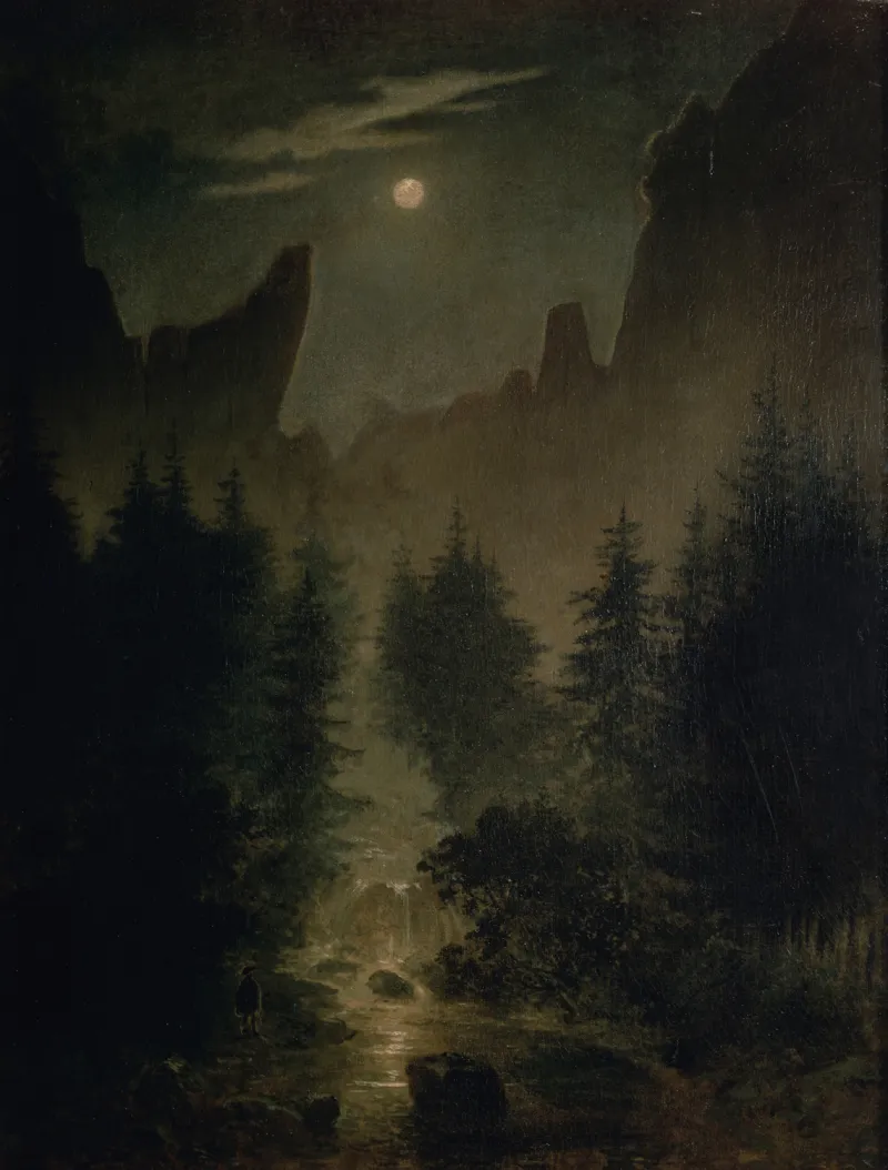 Peinture Caspar David Friedrich représentant un paysage nocture. La moitié inférieure de la représentation présente une forêt de conifères au milieu de laquelle coule un petit cours d'eau. Un personnage se tient sur la rive, près d'une petite cascade. A l'arrière plan, qui occupe la moitié supérieure de la toile, les cimes d'une chaîne de montagnes se dessinent sur le ciel nocture. Une petite pleine lune brillante est visible.