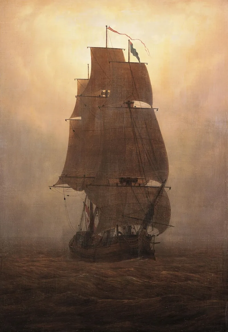 Peinture de Caspar David Friedrich représentant un grand voilier à trois mâts. Le navire vogue sur des eaux calmes. La lumière dorée évoque le début ou la fin de journée.