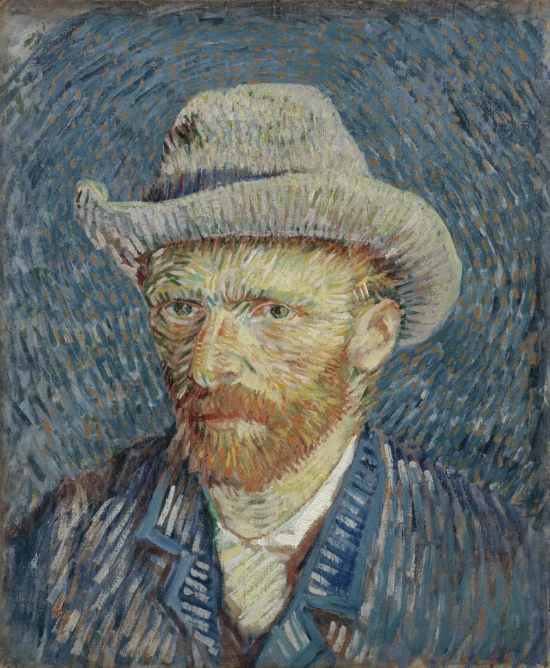 Autoportrait de Vincent van Gogh. Le peintre s'est représenté en buste. Il portait une veste bleue et une chemise blanche, ainsi qu'une chapeau de feutre gris à bandeau bleur