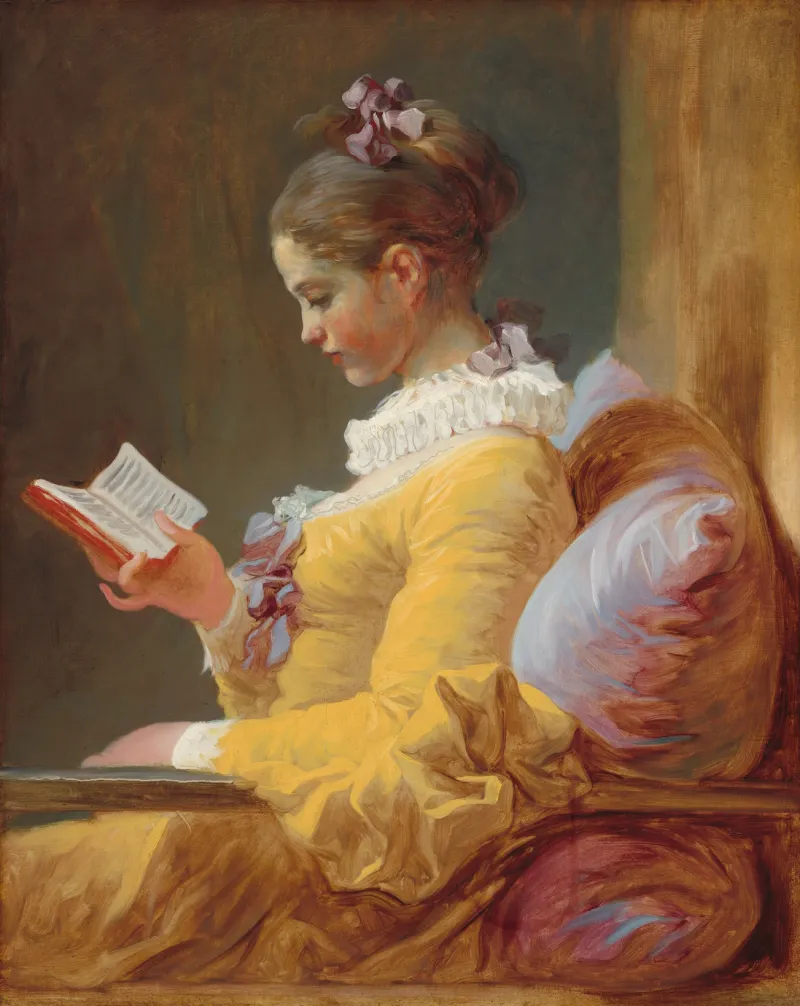 Peinture de Jean-Honoré Fragonard représentant une jeune fille assise de profil, habillé d'une robe jaune à fraise, en train de lire un livre.
