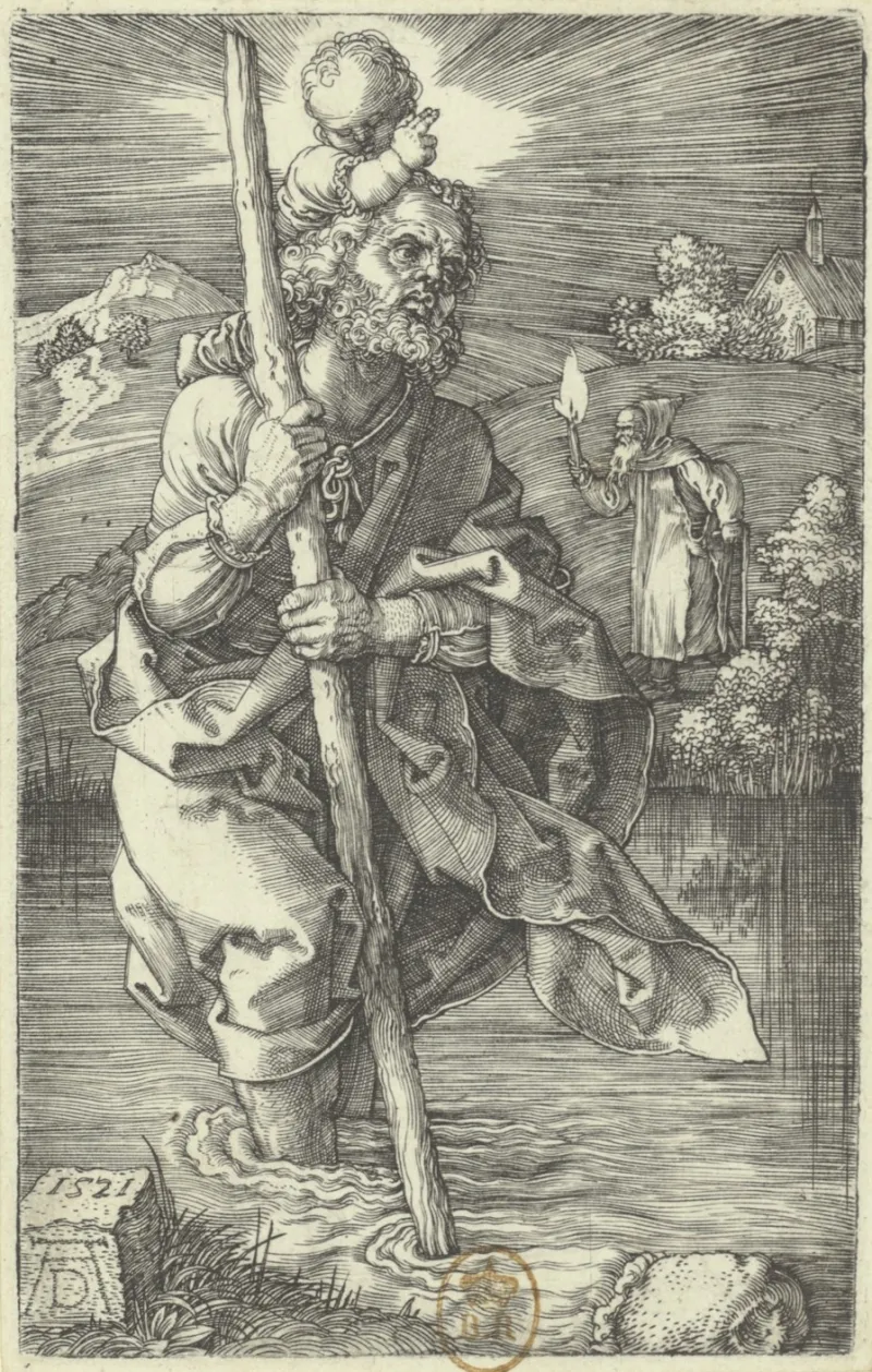 L'image est une gravure d'Albrecht Dürer représentant un vieil homme barbu en train de traverser un cours d'eau à gué. Il a de l'eau jusqu'aux chevilles et s'appuie sur un grand bâton. Il porte un jeune enfant sur ses épaules. Derrière lui se dessinne un paysage de colline. Un vieil homme muni d'une torche est visible sur la rive.