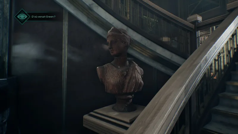 L'image est une capture d'écran du jeu Nobody Wants to Die. On y voit un buste sculpté reprenant le modèle de la sculpture dite "Diane de Versailles" présenté dans un intérieur au décor Art Déco.