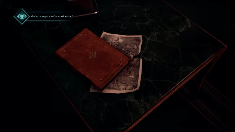 L'image est une capture d'écran du jeu Nobody Wants to Die. On y voit une table basse en marbre sur laquelle est posée un petit livre relié en cuir, sous lequel est glissé une gravure de Dürer qui représente Saint Christophe.