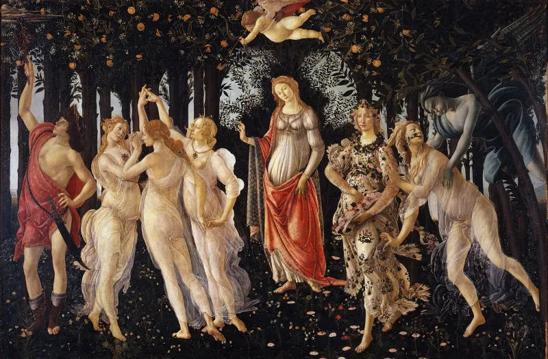L'image est une peinture de Botticelli représentant neuf personnages, presque tous sur le même plan. De gauche à droite : un homme, trois femmes se tenant par la main, une femme seule au centre du tableau, puis à gauche deux autres femmes, dont l'une semble poursuivit par un homme ailé qui se saisit d'elle. Un petit enfant ailé équipé d'un arc vole au dessus de la femme au centre de la composition. La scène se passe dans un jardin en fleurs.
