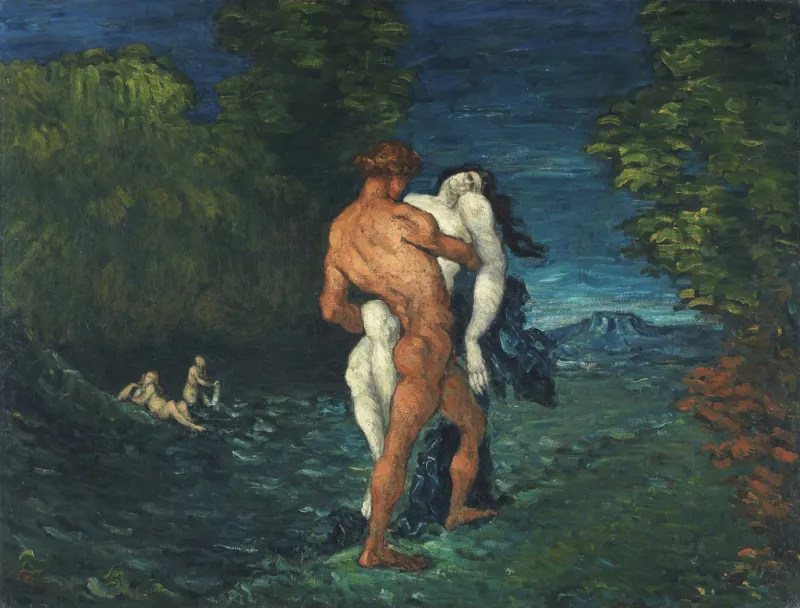 L'image est une peinture de Paul Cézanne représentant en son centre un homme nu à la peau mate portant dans ces bras une femme visiblement inconsciente à la peau très blanche, nue également. La scène se déroule dans un paysage naturel et arboré, au bord d'une étendue d'eau ressemblant à une rivière. A l'arrière plan de la représentation, deux figures sont étendues sur la rive opposée du cours d'eau.