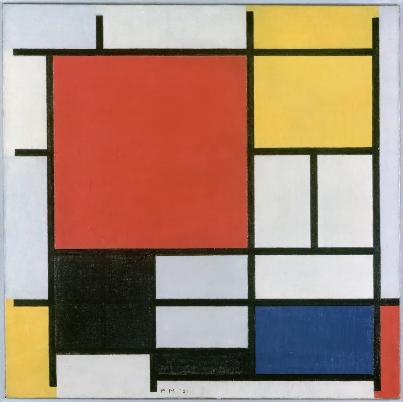 L'image est une peinture de Mondrian représentant une composition abstraite faite de lignes noires verticales et horizontales se coupant à angles droits, et de carré et de rectangles de différentes couleurs (noir, blanc, jaune, rouge, bleu)