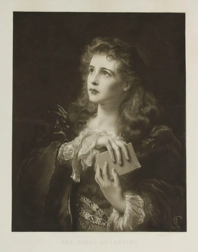 L'image est une gravure monochrome représentant une jeune fille tenant un petit livre entre ses mains contre sa poitrine. Elle est tournée vers la gauche et semble absorbée par ce qu'elle voit en dehors du cadre.