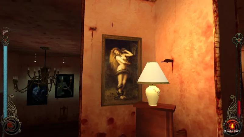 L'image est une capture d'écran du jeu Vampire: The Masquerade – Bloodlines. La caméra, qui adopte le point de vue du personnage joueur, nous montre l'angle d'une pièce. Une lampe à abat-jour est allumé sur un petit meuble, et à côté est accroché au mur un tableau du peintre John Collier