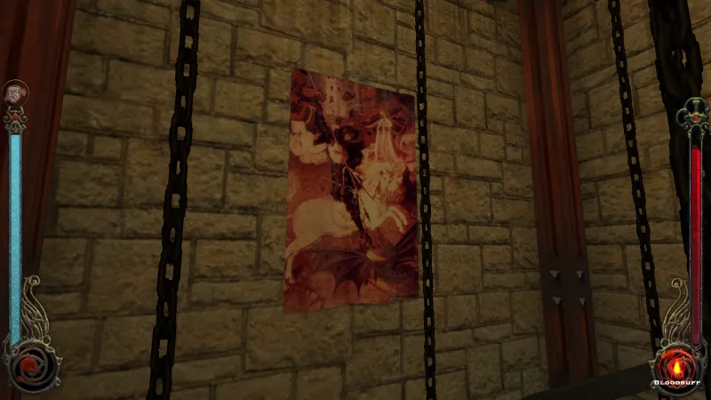 L'image est une capture d'écran du jeu Vampire: The Masquerade – Bloodlines. La caméra, qui adopte le point de vue du personnage joueur, nous montre une pièce aux murs de pierres apparentes. Les angles de la pièce sont renforcés par des poutres de bois verticales et rivetées de métal. Des chaînes métalliques pendent du plafond. Un tableau du peintre Bernat Martorell représentant le combat d'un cavalier et d'un dragon est accroché au mur, au centre de l'image.