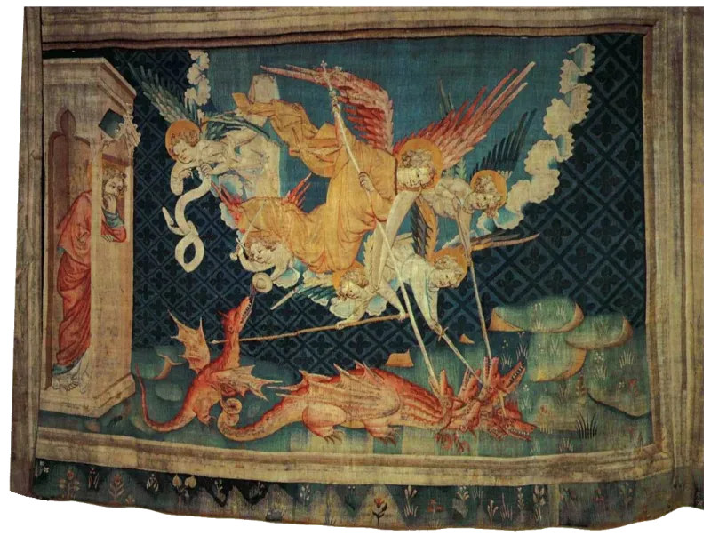 L'image est une tapisserie médiévale représentant plusieurs anges armés de lances combattant un dragon rouge à plusieurs têtes.