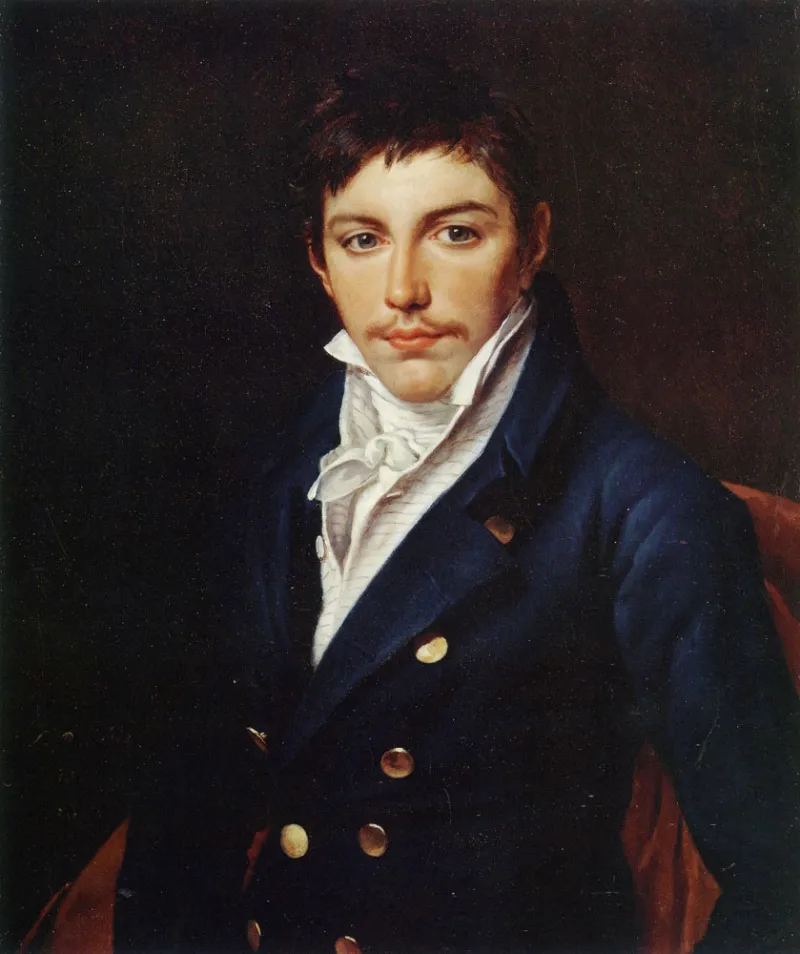 L'image est un peinture représentant le portrait d'un jeune homme en habits du début du XIXe siècle. Il porte une veste à deux rangées de large boutons dorées sur une chemise blanche. Le cadrage coupe sa silhouette à mi-corps, mais on voit qu'il est assis sur un fauteuil de couleur rouge. Il est brun et porte une petite moustache.