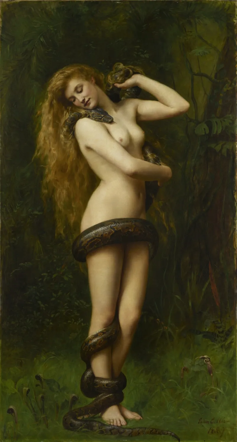 L'image est une peinture qui représente une jeune femme nue, debout, prise dans l'étreinte d'un serpent. La scène se passe dans une clairière ou à l'orée d'une forêt.