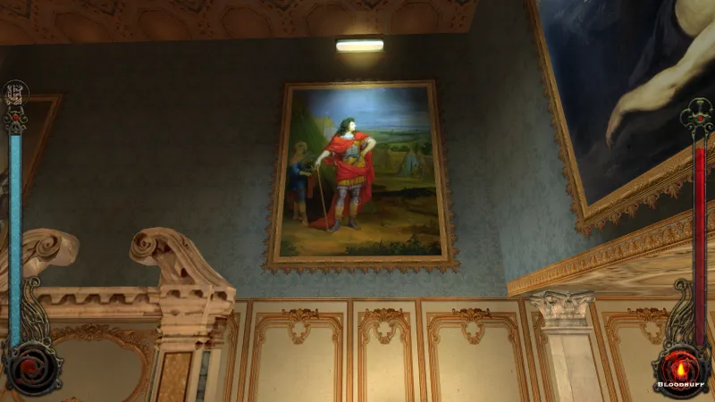 L'image est une capture d'écran du jeu Vampire: The Masquerade – Bloodlines. La caméra, qui adopte le point de vue du personnage joueur, nous montre une pièce richement décorée, avec un plafond à caissons. Le mur face à la caméra est orné dans sa partie supérieure d'un tableau représentant un homme vêtu d'une armure à l'antique de couleur rouge, debout dans un camp militaire. La toile est éclairée par une appliquée installée au-dessus. On apperçoit d'autres peintures qui décorent la pièce.