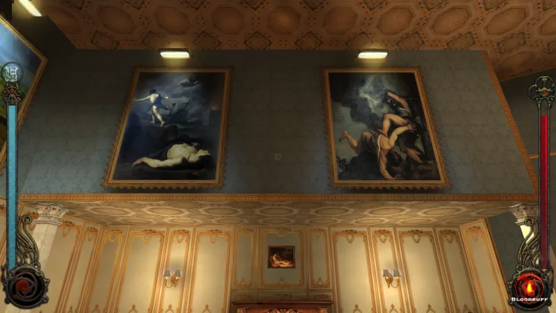 L'image est une capture d'écran du jeu Vampire: The Masquerade – Bloodlines. La caméra, qui adopte le point de vue du personnage joueur, nous montre une pièce richement décorée, avec un plafond à caissons. La partie supérieure du mur que nous montre l'image est décorée de deux grands tableaux, l'un de Pietro Novelli (à gauche) et l'un de Titien (à droite). Les toiles sont éclairées par des appliques installées au-dessus.