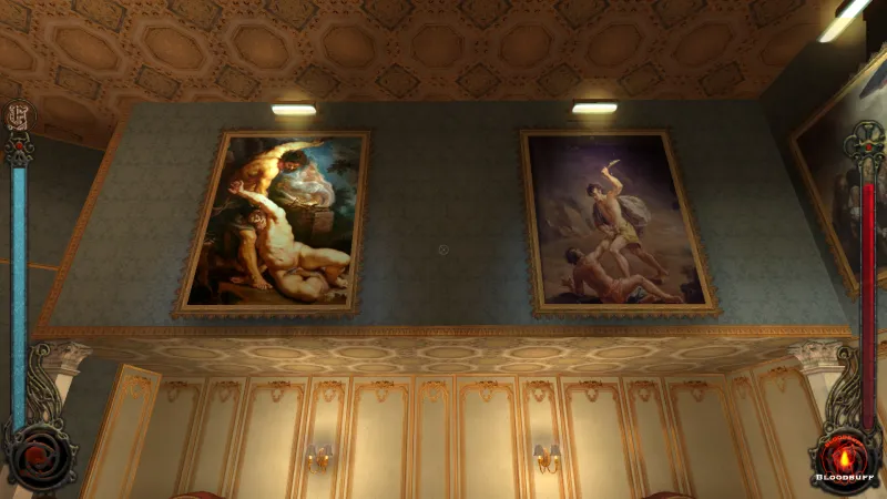 L'image est une capture d'écran du jeu Vampire: The Masquerade – Bloodlines. La caméra, qui adopte le point de vue du personnage joueur, nous montre une pièce richement décorée, avec un plafond à caissons. La partie supérieure du mur que nous montre l'image est décorée de deux grands tableaux, l'un de Pierre Paul Rubens (à gauche) et l'un de José Vergara (à droite)