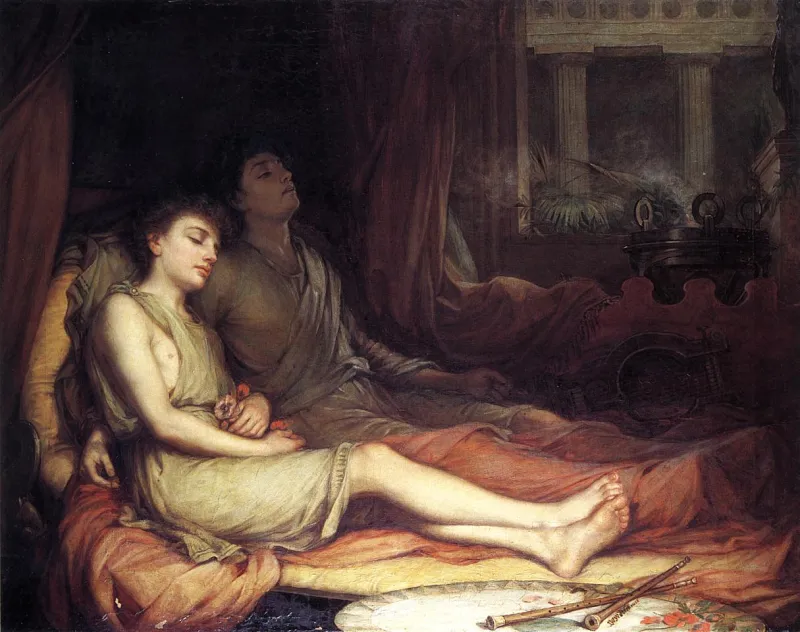 L'image est une peinture représentant deux adolescents endormis, assis dans un lit, les jambes étendues, vêtus de tuniques à l'antique. Le contexte de la scène est lui aussi inspiré de l'antiquité.