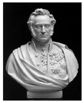 L'image est une photo en noir et blanc d'un buste en plâtre, posé devant un fond noir. Il représente un homme d'une cinquantaine d'année portant des favoris ainsi que de nombreuses décorations autour du cou et sur sa veste.