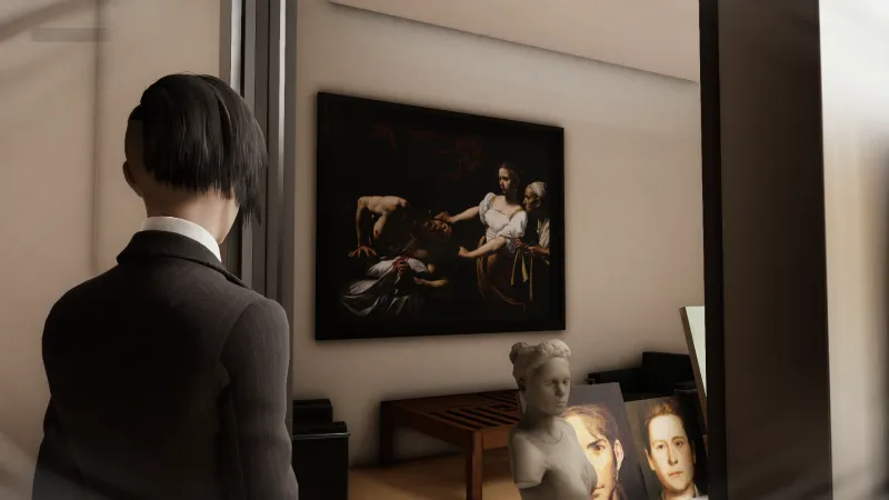 L'image est une capture d'écran du jeu vidéo Vampire: The Masquerade – Swansong. On y voit le personnage joueur de dos dans ce qui semble être un atelier d'artiste. Au mur face à lui est accroché un tableau du Caravage représentant Judith et Holopherne.