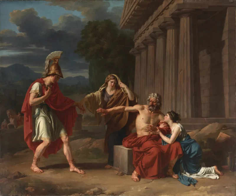 L'image est une peinture représentant une scène de l'antiquité se situaant en extérieur, devant la colonnade d'un temple. Un vieil homme est assis sur un banc de pierre, une jeune fille agenouillée à ses côtés. Il esquisse un geste de rejet en direction d'un jeu homme casqué qui s'approche de lui, guider par une jeune femme.